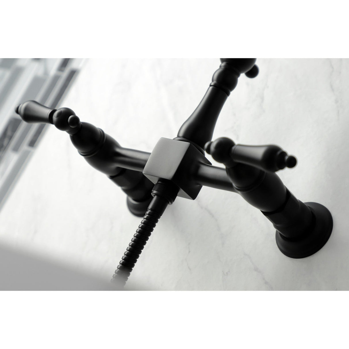 Heritage KS1260ALBS Two-Handle 2-Hole Wall Mount Bridge Kitchen Faucet with Brass Sprayer, Matte Black