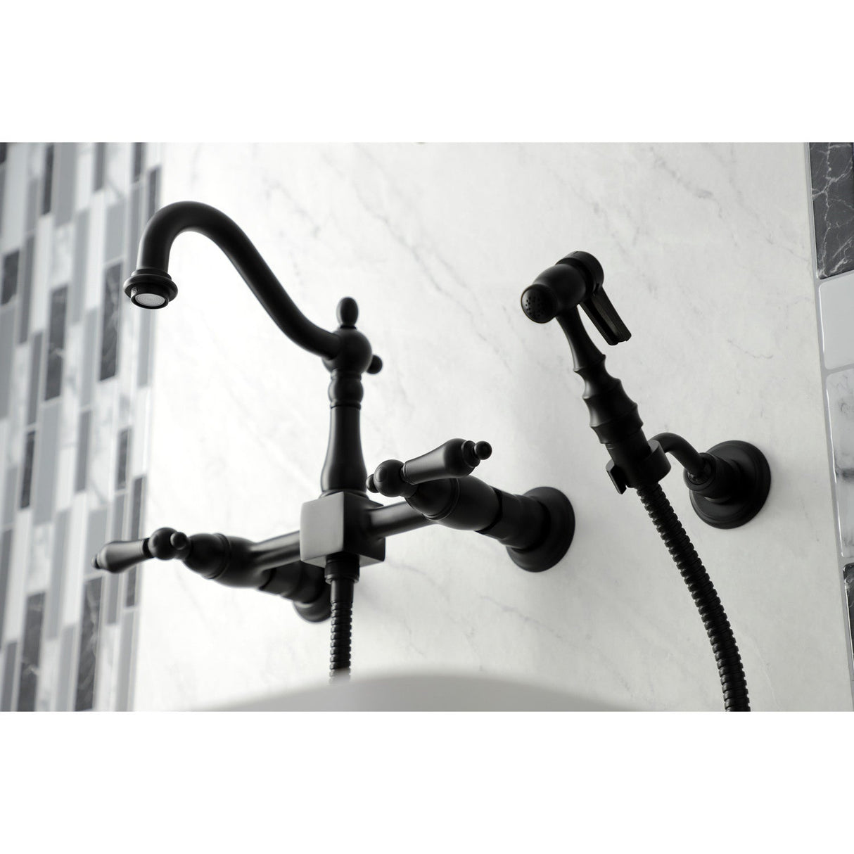 Heritage KS1260ALBS Two-Handle 2-Hole Wall Mount Bridge Kitchen Faucet with Brass Sprayer, Matte Black