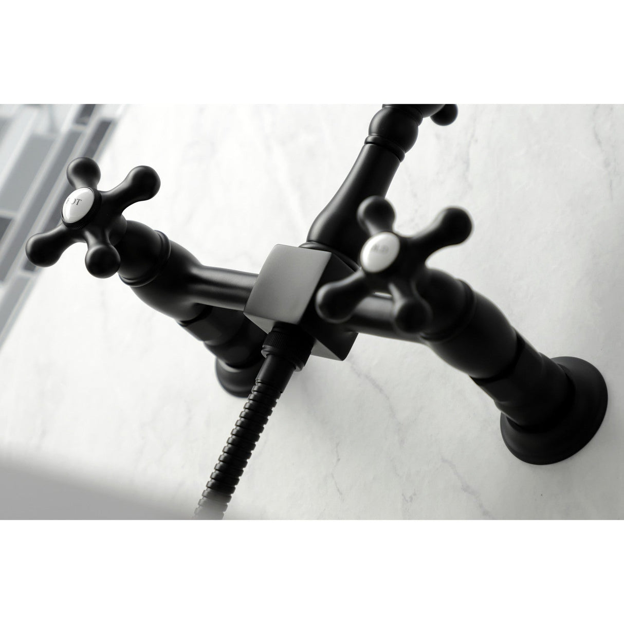 Heritage KS1260AXBS Two-Handle 2-Hole Wall Mount Bridge Kitchen Faucet with Brass Sprayer, Matte Black