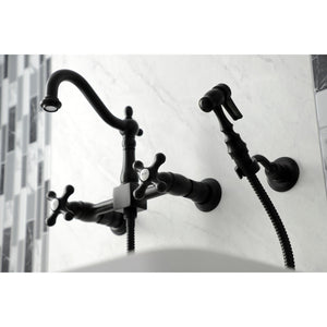 Heritage KS1260AXBS Two-Handle 2-Hole Wall Mount Bridge Kitchen Faucet with Brass Sprayer, Matte Black