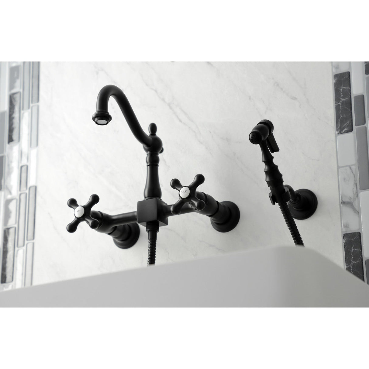 Heritage KS1260AXBS Two-Handle 2-Hole Wall Mount Bridge Kitchen Faucet with Brass Sprayer, Matte Black