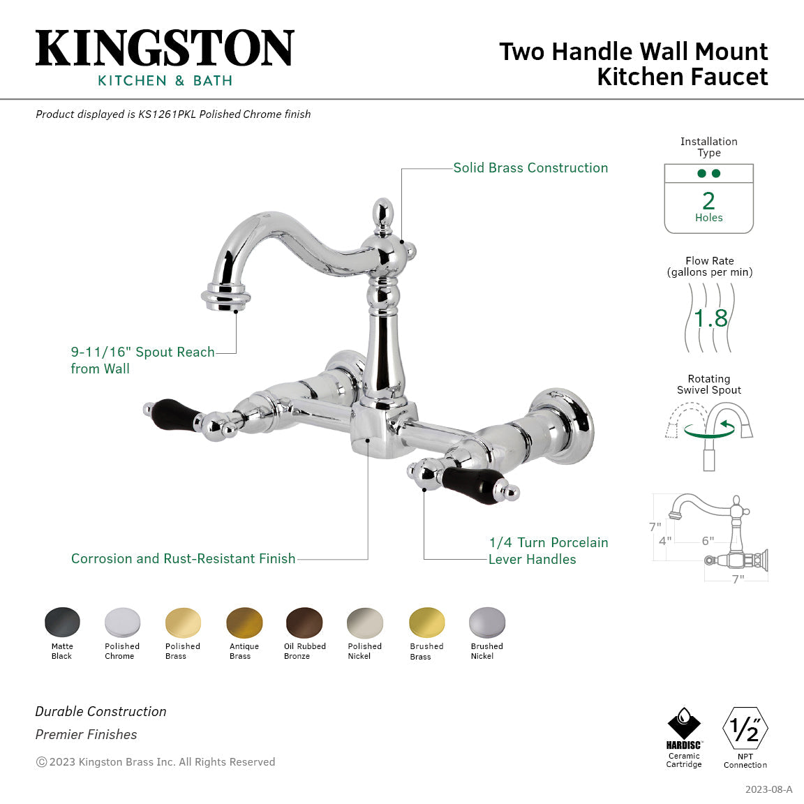 Duchess KS1260PKL Two-Handle 2-Hole Wall Mount Kitchen Faucet, Matte Black