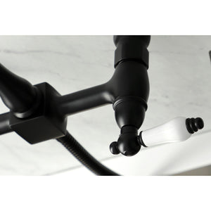 Heritage KS1260PLBS Two-Handle 2-Hole Wall Mount Bridge Kitchen Faucet with Brass Sprayer, Matte Black