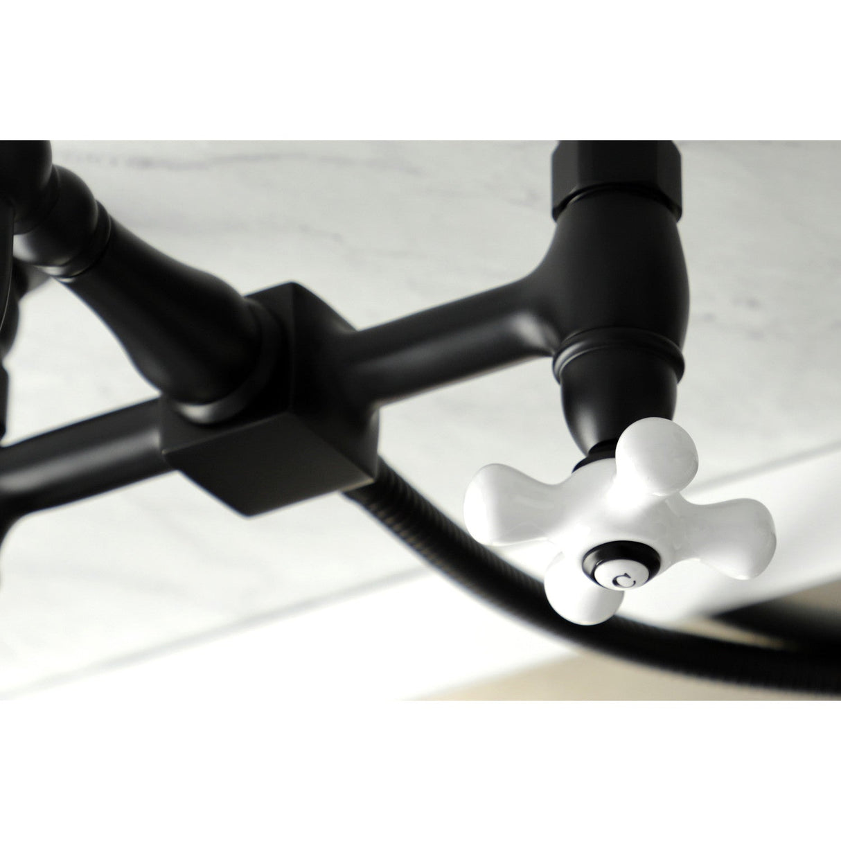 Heritage KS1260PXBS Two-Handle 2-Hole Wall Mount Bridge Kitchen Faucet with Brass Sprayer, Matte Black