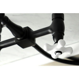 Heritage KS1260PXBS Two-Handle 2-Hole Wall Mount Bridge Kitchen Faucet with Brass Sprayer, Matte Black