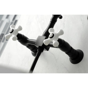 Heritage KS1260PXBS Two-Handle 2-Hole Wall Mount Bridge Kitchen Faucet with Brass Sprayer, Matte Black