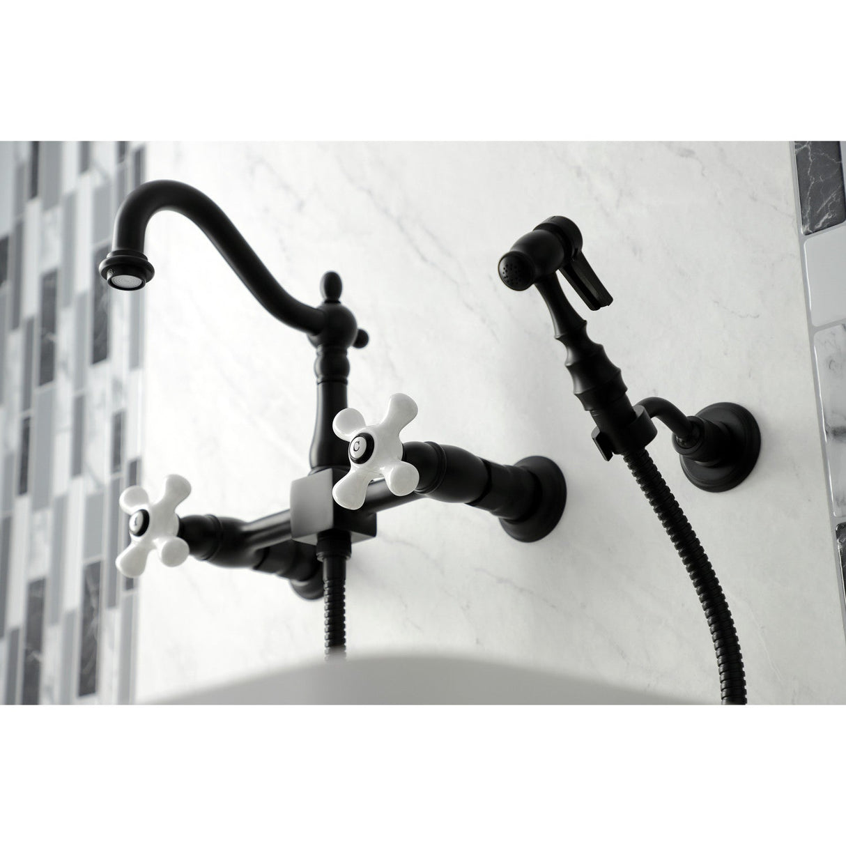Heritage KS1260PXBS Two-Handle 2-Hole Wall Mount Bridge Kitchen Faucet with Brass Sprayer, Matte Black