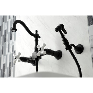 Heritage KS1260PXBS Two-Handle 2-Hole Wall Mount Bridge Kitchen Faucet with Brass Sprayer, Matte Black