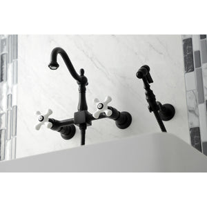 Heritage KS1260PXBS Two-Handle 2-Hole Wall Mount Bridge Kitchen Faucet with Brass Sprayer, Matte Black