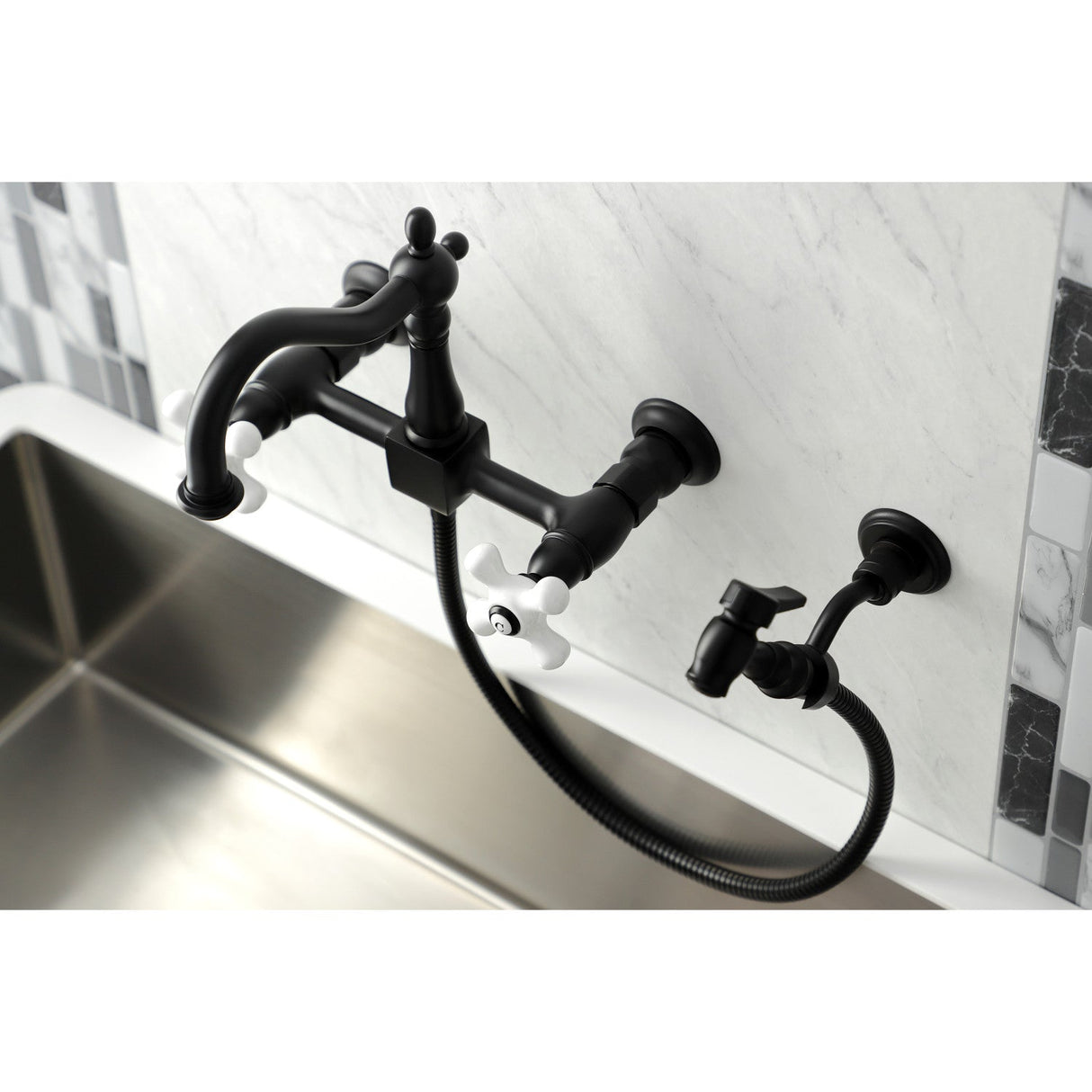 Heritage KS1260PXBS Two-Handle 2-Hole Wall Mount Bridge Kitchen Faucet with Brass Sprayer, Matte Black