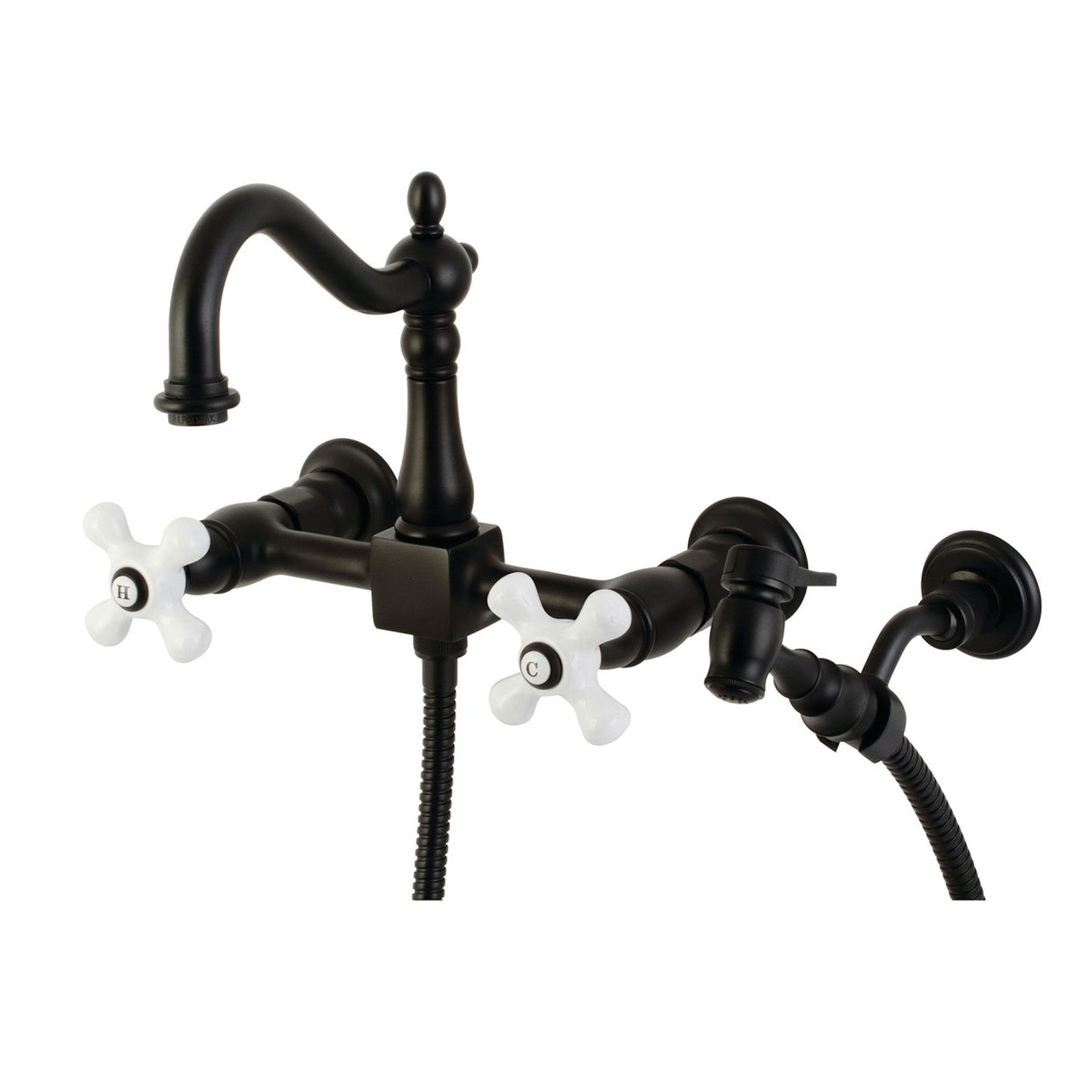 Heritage KS1260PXBS Two-Handle 2-Hole Wall Mount Bridge Kitchen Faucet with Brass Sprayer, Matte Black