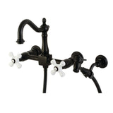 Heritage KS1260PXBS Two-Handle 2-Hole Wall Mount Bridge Kitchen Faucet with Brass Sprayer, Matte Black