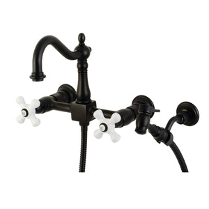 Heritage KS1260PXBS Two-Handle 2-Hole Wall Mount Bridge Kitchen Faucet with Brass Sprayer, Matte Black