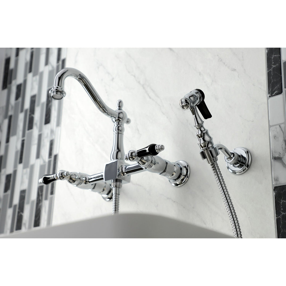 Duchess KS1261PKLBS Two-Handle 2-Hole Wall Mount Bridge Kitchen Faucet with Brass Sprayer, Polished Chrome