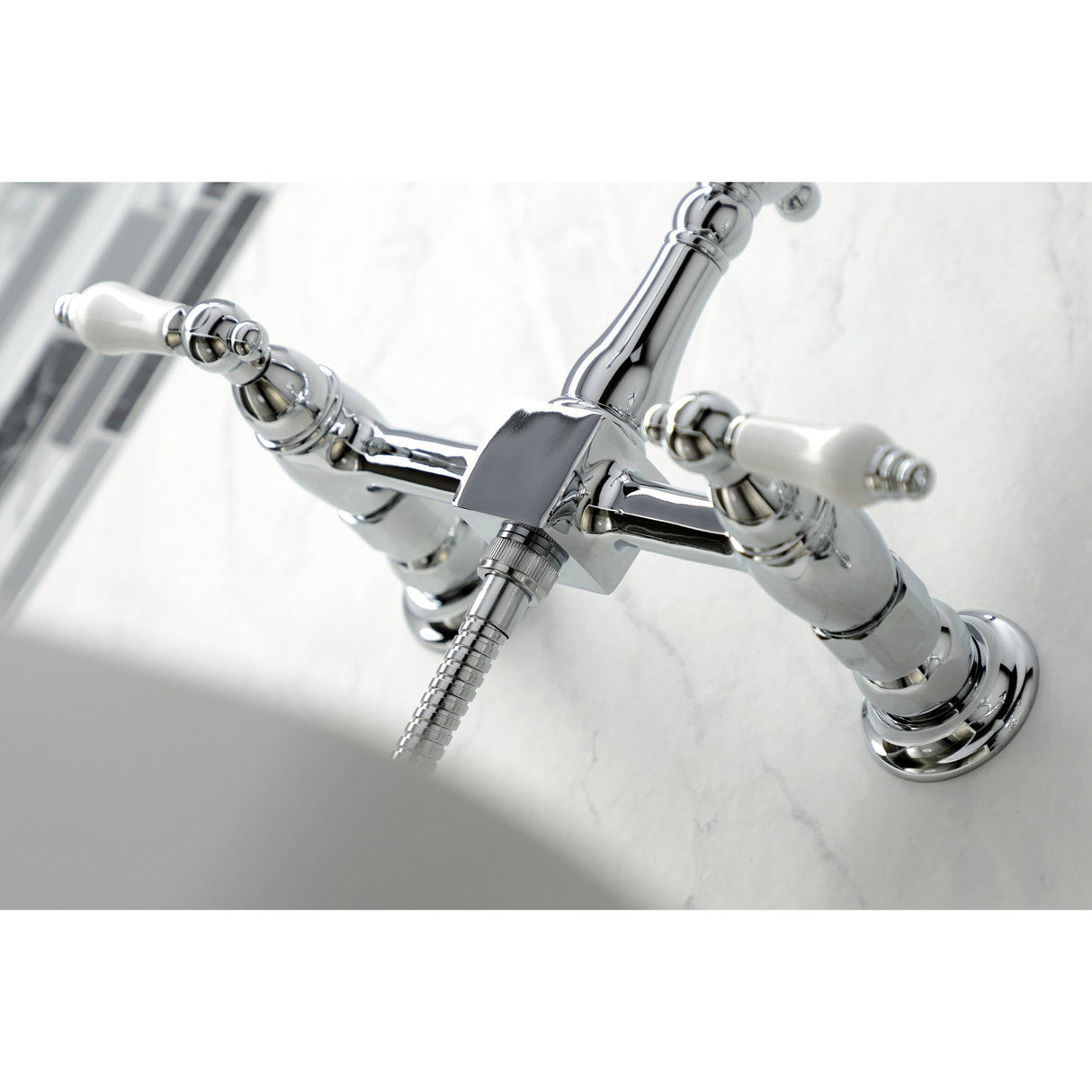 Heritage KS1261PLBS Two-Handle 2-Hole Wall Mount Bridge Kitchen Faucet with Brass Sprayer, Polished Chrome