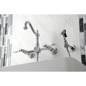 Heritage KS1261PLBS Two-Handle 2-Hole Wall Mount Bridge Kitchen Faucet with Brass Sprayer, Polished Chrome