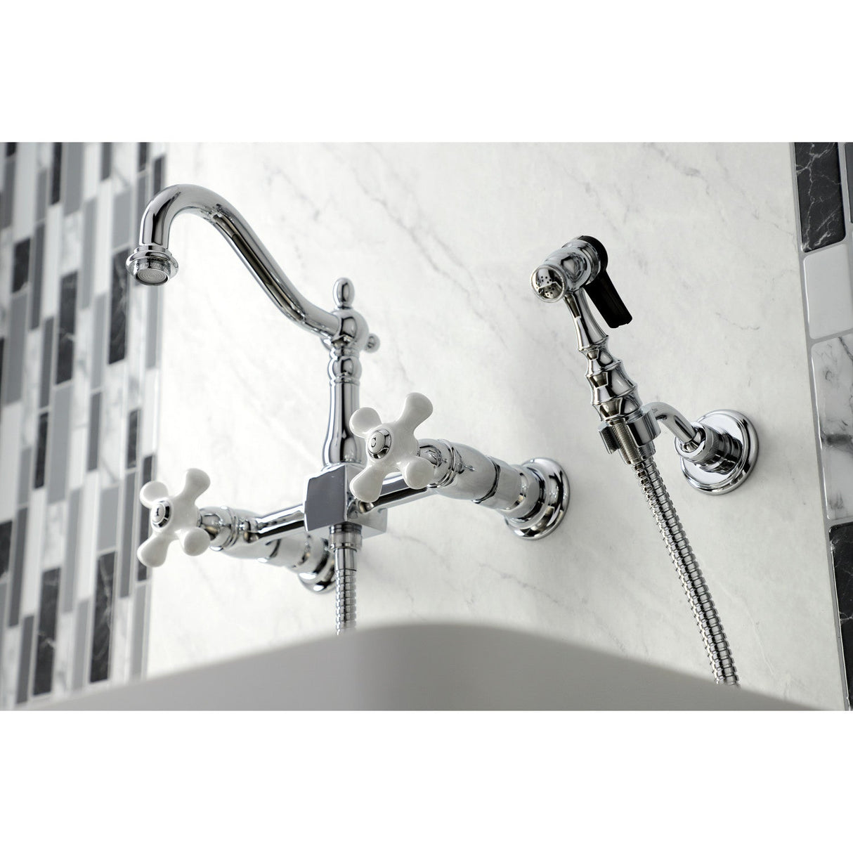Heritage KS1261PXBS Two-Handle 2-Hole Wall Mount Bridge Kitchen Faucet with Brass Sprayer, Polished Chrome