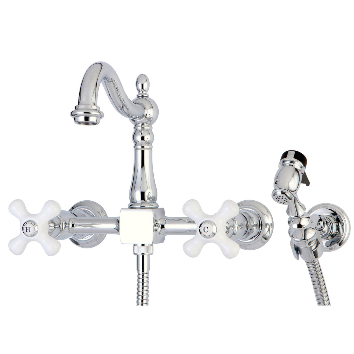 Heritage KS1261PXBS Two-Handle 2-Hole Wall Mount Bridge Kitchen Faucet with Brass Sprayer, Polished Chrome