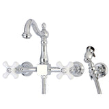 Heritage KS1261PXBS Two-Handle 2-Hole Wall Mount Bridge Kitchen Faucet with Brass Sprayer, Polished Chrome