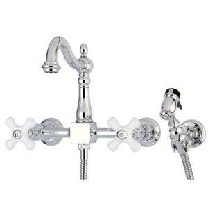 Heritage KS1261PXBS Two-Handle 2-Hole Wall Mount Bridge Kitchen Faucet with Brass Sprayer, Polished Chrome