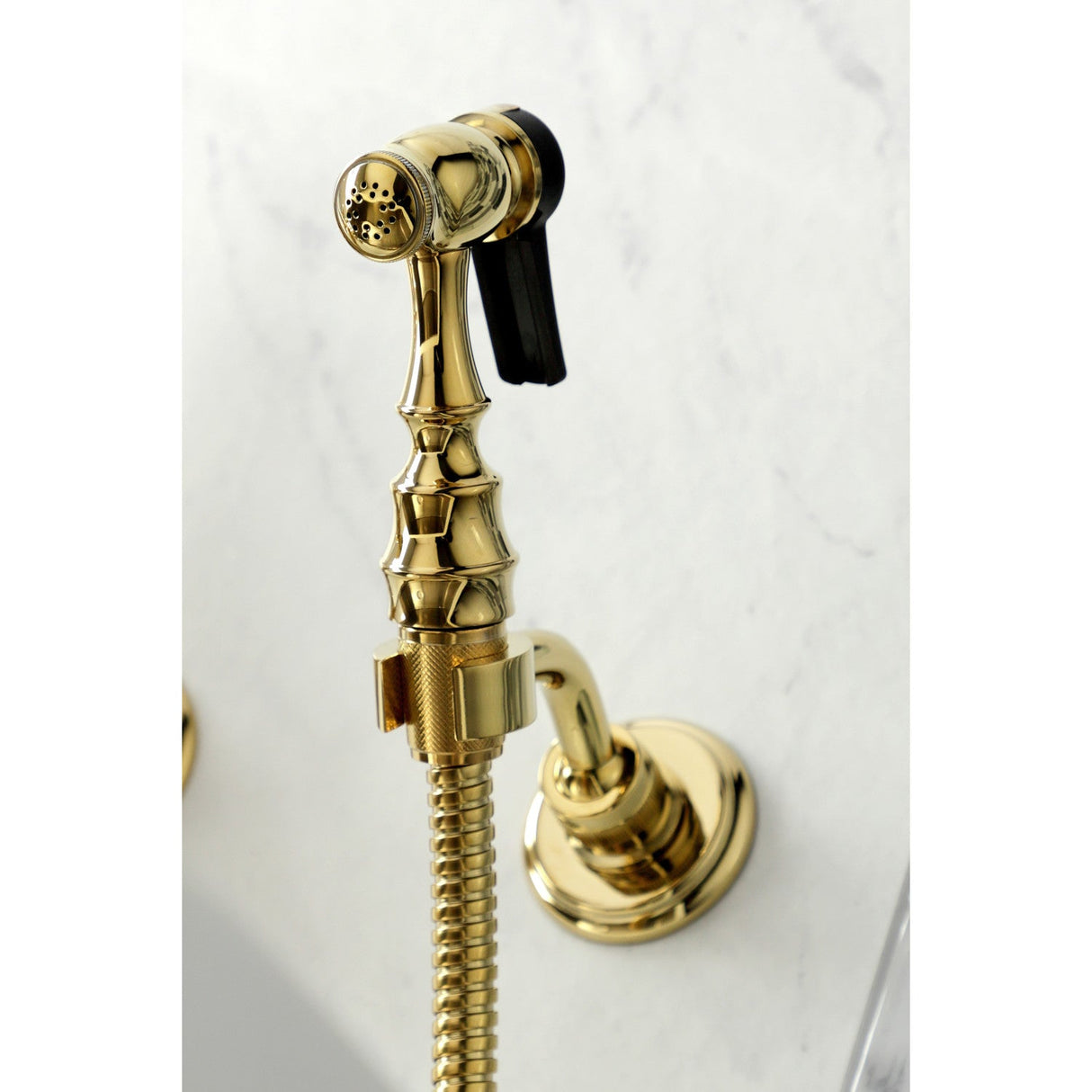 Heritage KS1262ALBS Two-Handle 2-Hole Wall Mount Bridge Kitchen Faucet with Brass Sprayer, Polished Brass