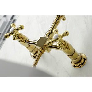 Heritage KS1262AXBS Two-Handle 2-Hole Wall Mount Bridge Kitchen Faucet with Brass Sprayer, Polished Brass
