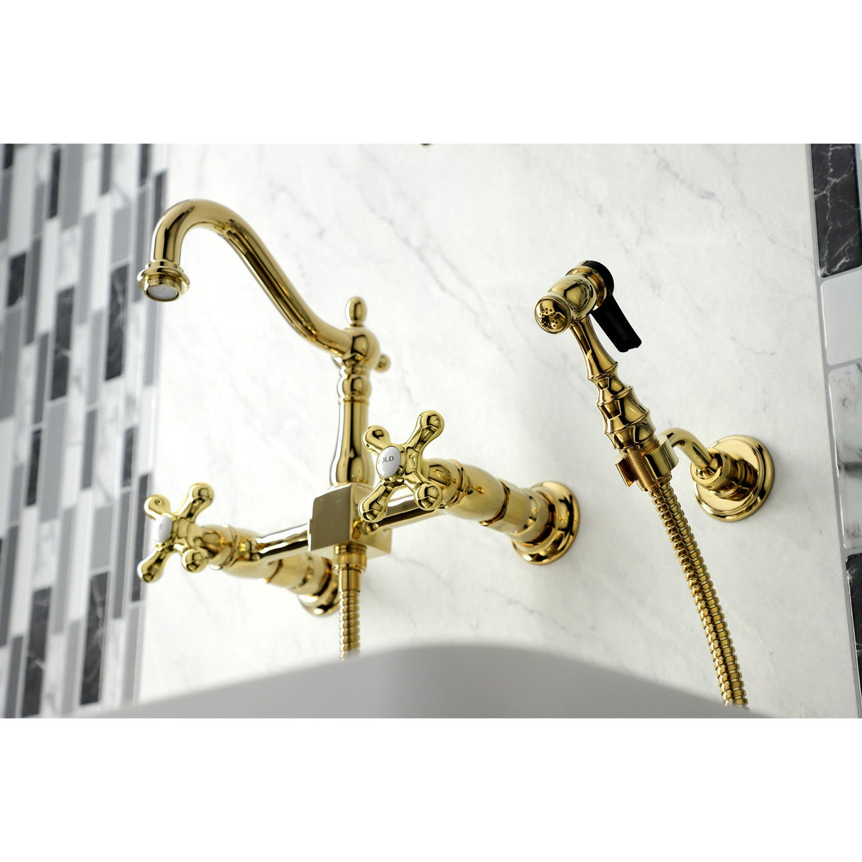 Heritage KS1262AXBS Two-Handle 2-Hole Wall Mount Bridge Kitchen Faucet with Brass Sprayer, Polished Brass