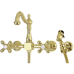 Heritage KS1262AXBS Two-Handle 2-Hole Wall Mount Bridge Kitchen Faucet with Brass Sprayer, Polished Brass