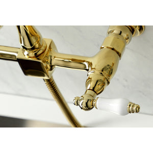 Heritage KS1262PLBS Two-Handle 2-Hole Wall Mount Bridge Kitchen Faucet with Brass Sprayer, Polished Brass