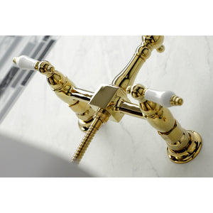 Heritage KS1262PLBS Two-Handle 2-Hole Wall Mount Bridge Kitchen Faucet with Brass Sprayer, Polished Brass