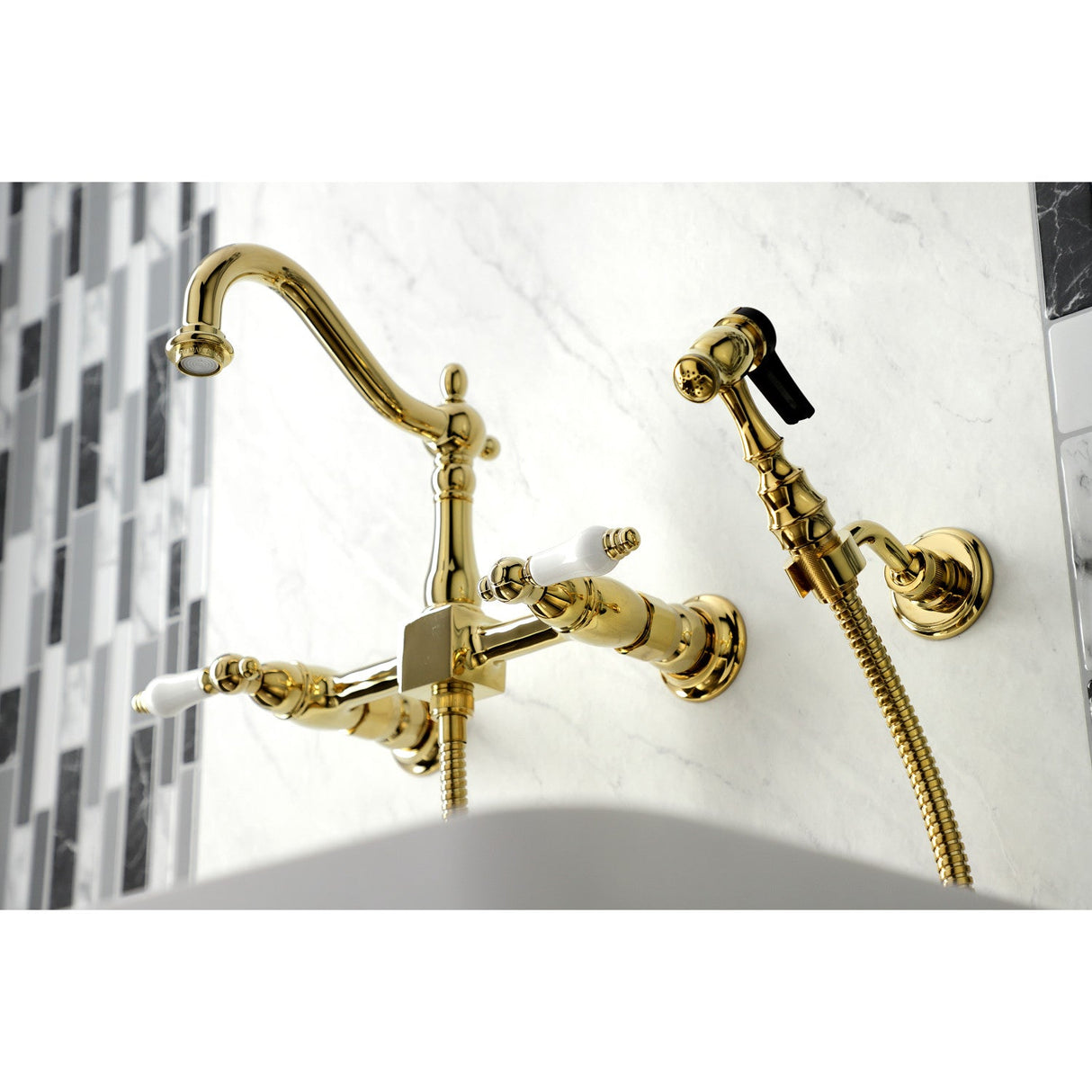 Heritage KS1262PLBS Two-Handle 2-Hole Wall Mount Bridge Kitchen Faucet with Brass Sprayer, Polished Brass