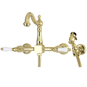 Heritage KS1262PLBS Two-Handle 2-Hole Wall Mount Bridge Kitchen Faucet with Brass Sprayer, Polished Brass