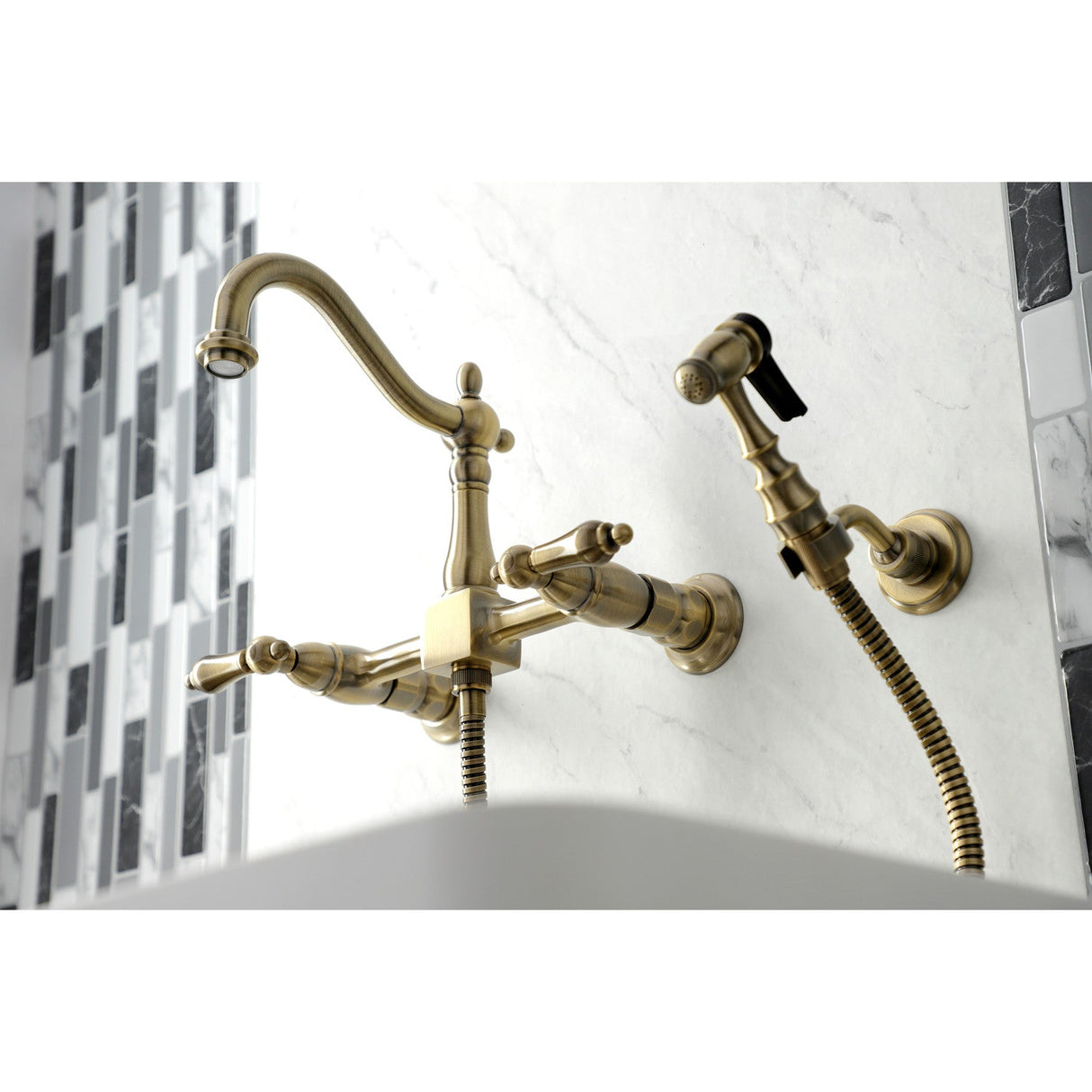 Heritage KS1263ALBS Two-Handle 2-Hole Wall Mount Bridge Kitchen Faucet with Brass Sprayer, Antique Brass