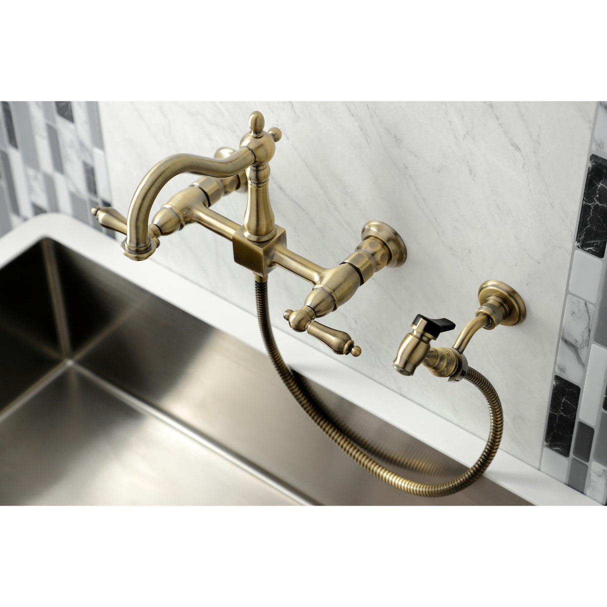 Heritage KS1263ALBS Two-Handle 2-Hole Wall Mount Bridge Kitchen Faucet with Brass Sprayer, Antique Brass