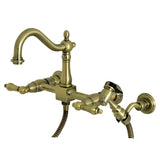 Heritage KS1263ALBS Two-Handle 2-Hole Wall Mount Bridge Kitchen Faucet with Brass Sprayer, Antique Brass