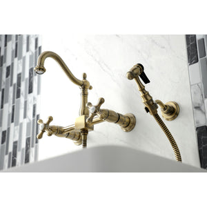 Heritage KS1263AXBS Two-Handle 2-Hole Wall Mount Bridge Kitchen Faucet with Brass Sprayer, Antique Brass