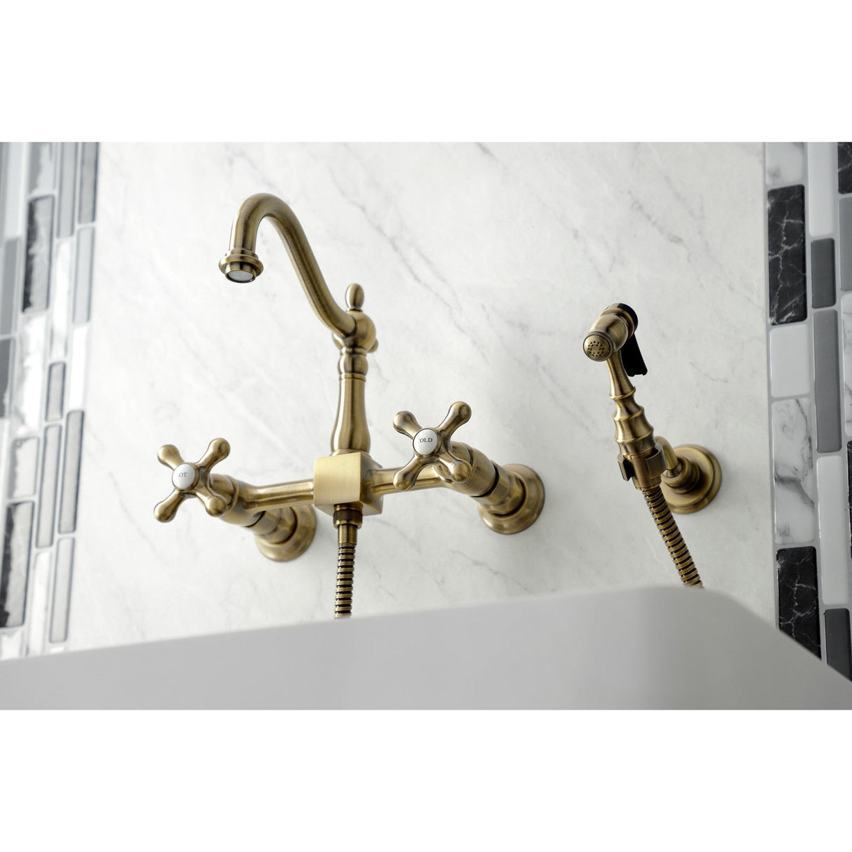 Heritage KS1263AXBS Two-Handle 2-Hole Wall Mount Bridge Kitchen Faucet with Brass Sprayer, Antique Brass