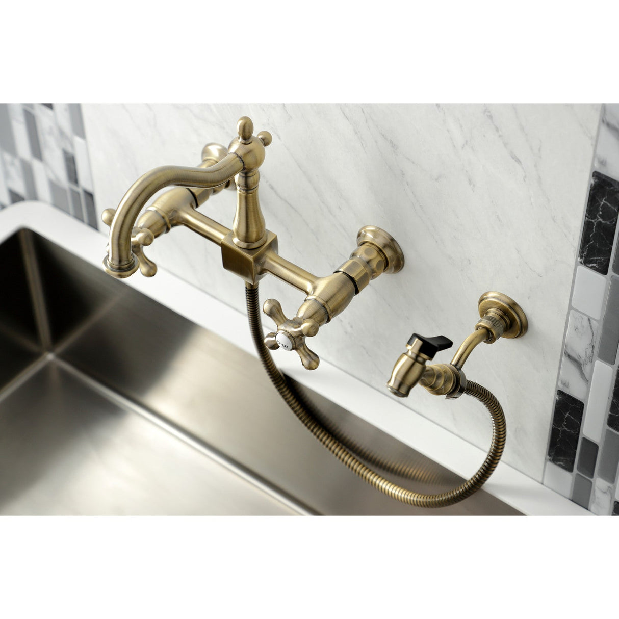 Heritage KS1263AXBS Two-Handle 2-Hole Wall Mount Bridge Kitchen Faucet with Brass Sprayer, Antique Brass