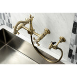 Heritage KS1263AXBS Two-Handle 2-Hole Wall Mount Bridge Kitchen Faucet with Brass Sprayer, Antique Brass