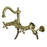 Heritage KS1263AXBS Two-Handle 2-Hole Wall Mount Bridge Kitchen Faucet with Brass Sprayer, Antique Brass