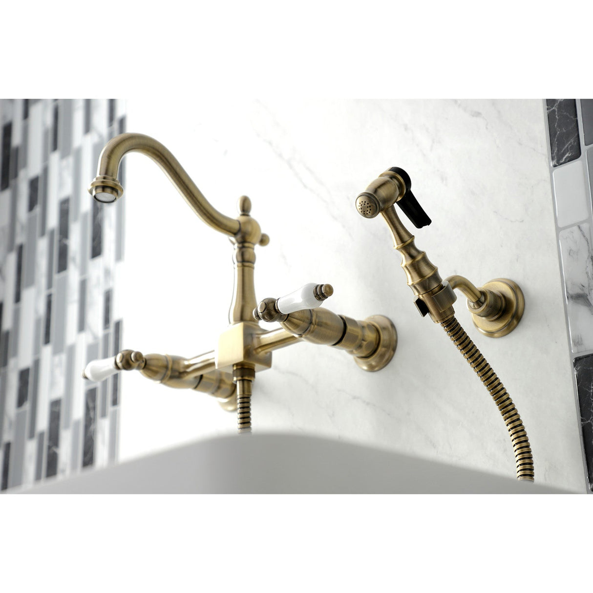 Heritage KS1263PLBS Two-Handle 2-Hole Wall Mount Bridge Kitchen Faucet with Brass Sprayer, Antique Brass