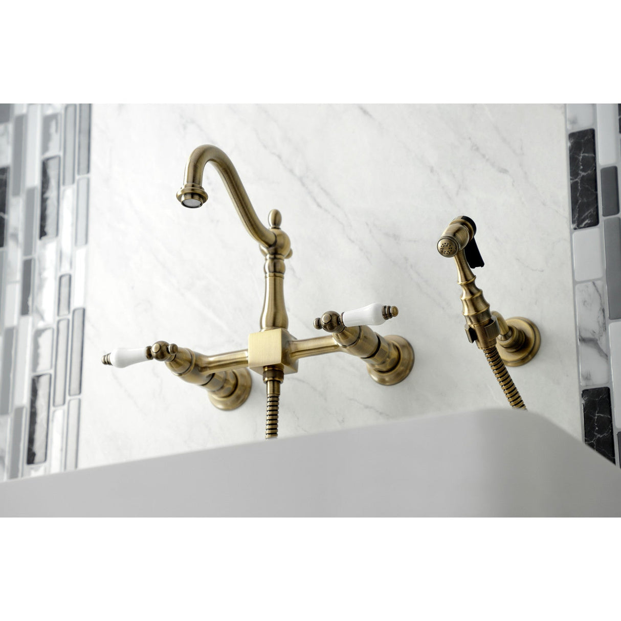 Heritage KS1263PLBS Two-Handle 2-Hole Wall Mount Bridge Kitchen Faucet with Brass Sprayer, Antique Brass