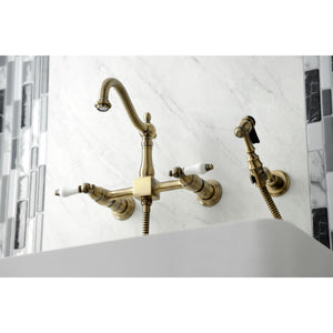 Heritage KS1263PLBS Two-Handle 2-Hole Wall Mount Bridge Kitchen Faucet with Brass Sprayer, Antique Brass