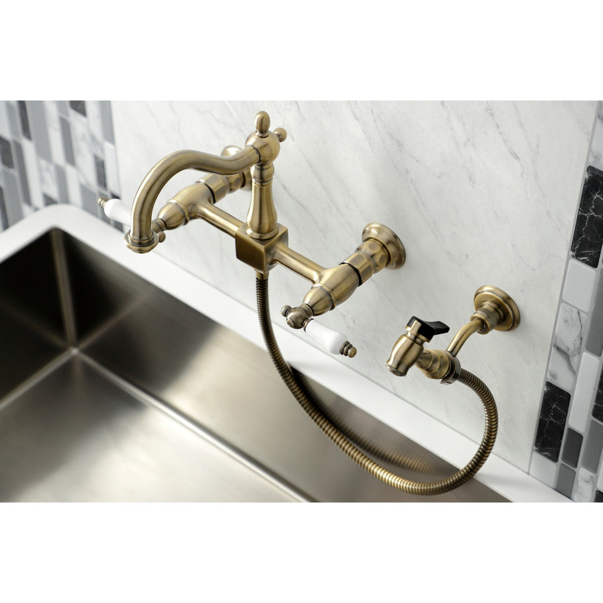 Heritage KS1263PLBS Two-Handle 2-Hole Wall Mount Bridge Kitchen Faucet with Brass Sprayer, Antique Brass