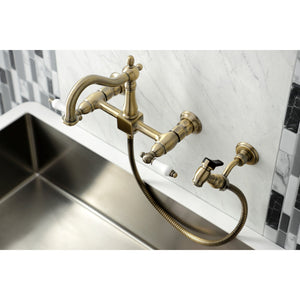 Heritage KS1263PLBS Two-Handle 2-Hole Wall Mount Bridge Kitchen Faucet with Brass Sprayer, Antique Brass
