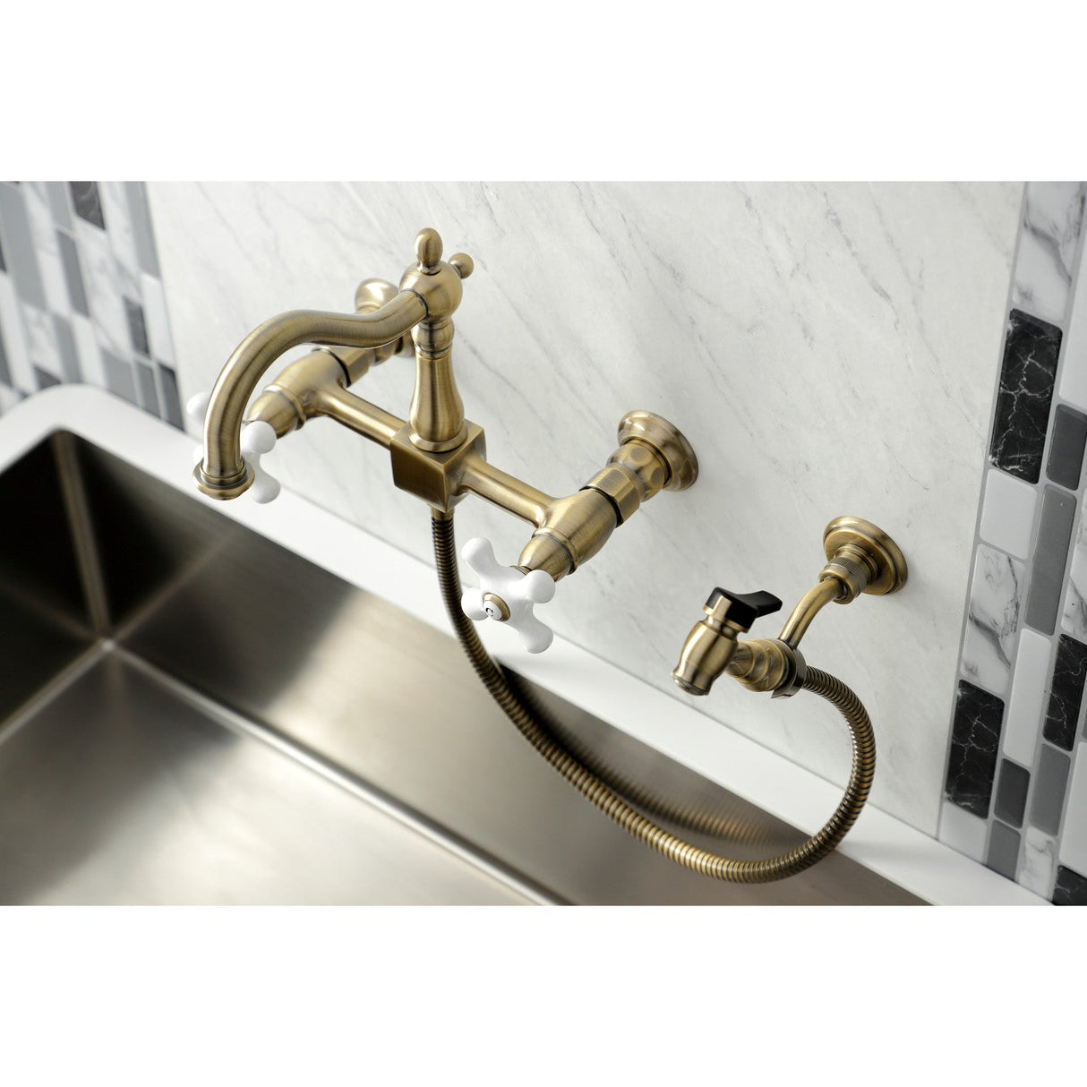 Heritage KS1263PXBS Two-Handle 2-Hole Wall Mount Bridge Kitchen Faucet with Brass Sprayer, Antique Brass