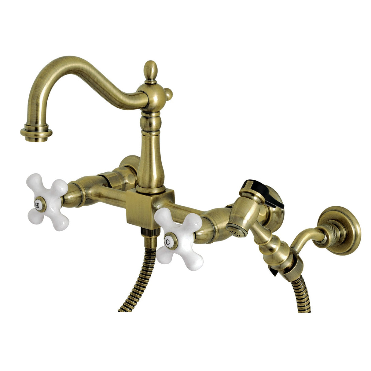 Heritage KS1263PXBS Two-Handle 2-Hole Wall Mount Bridge Kitchen Faucet with Brass Sprayer, Antique Brass