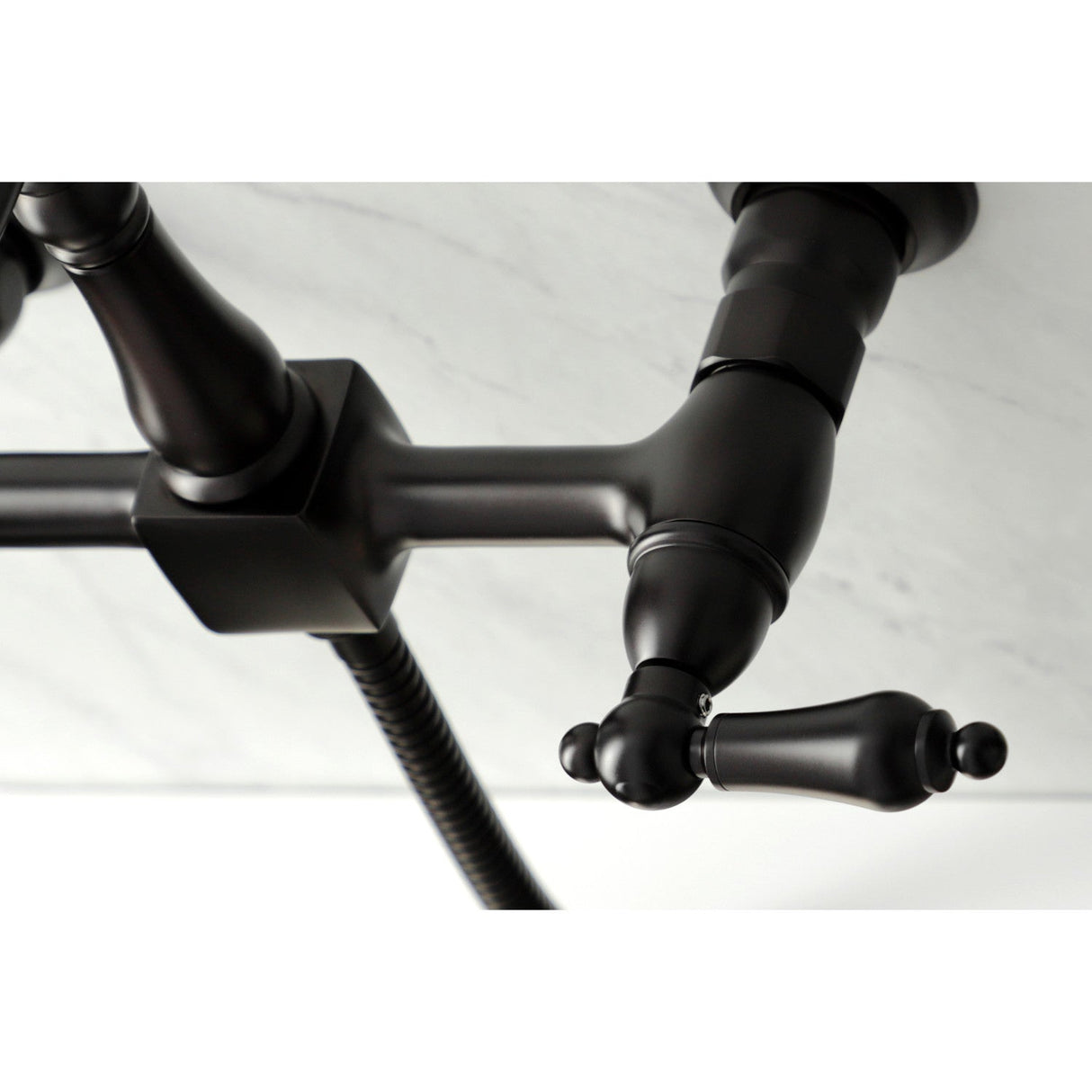 Heritage KS1265ALBS Two-Handle 2-Hole Wall Mount Bridge Kitchen Faucet with Brass Sprayer, Oil Rubbed Bronze