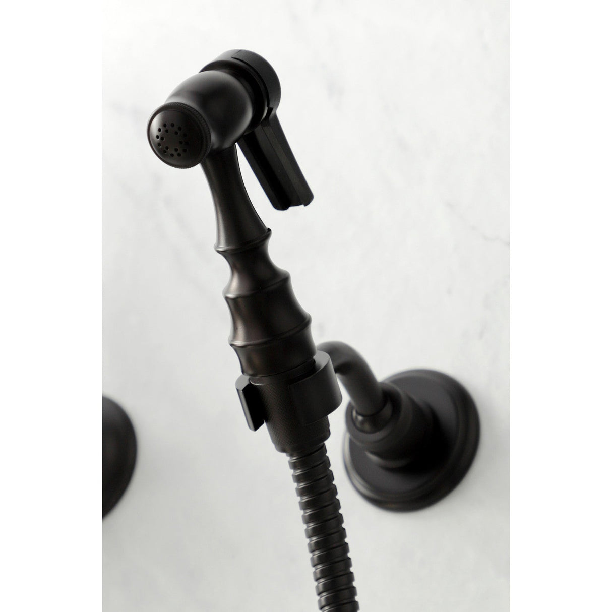 Heritage KS1265ALBS Two-Handle 2-Hole Wall Mount Bridge Kitchen Faucet with Brass Sprayer, Oil Rubbed Bronze