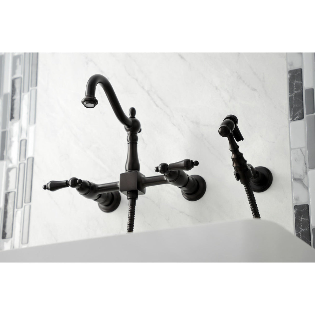 Heritage KS1265ALBS Two-Handle 2-Hole Wall Mount Bridge Kitchen Faucet with Brass Sprayer, Oil Rubbed Bronze